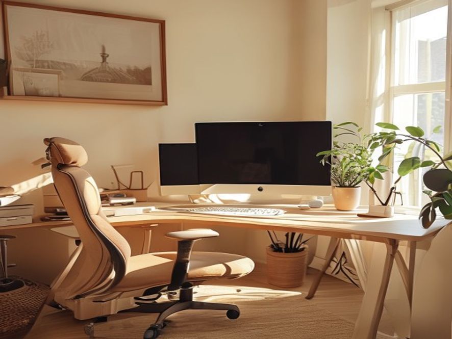 Työpiste, jossa näkyy säädettävä tuoli, näyttöalusta ja ergonomiset välineet
